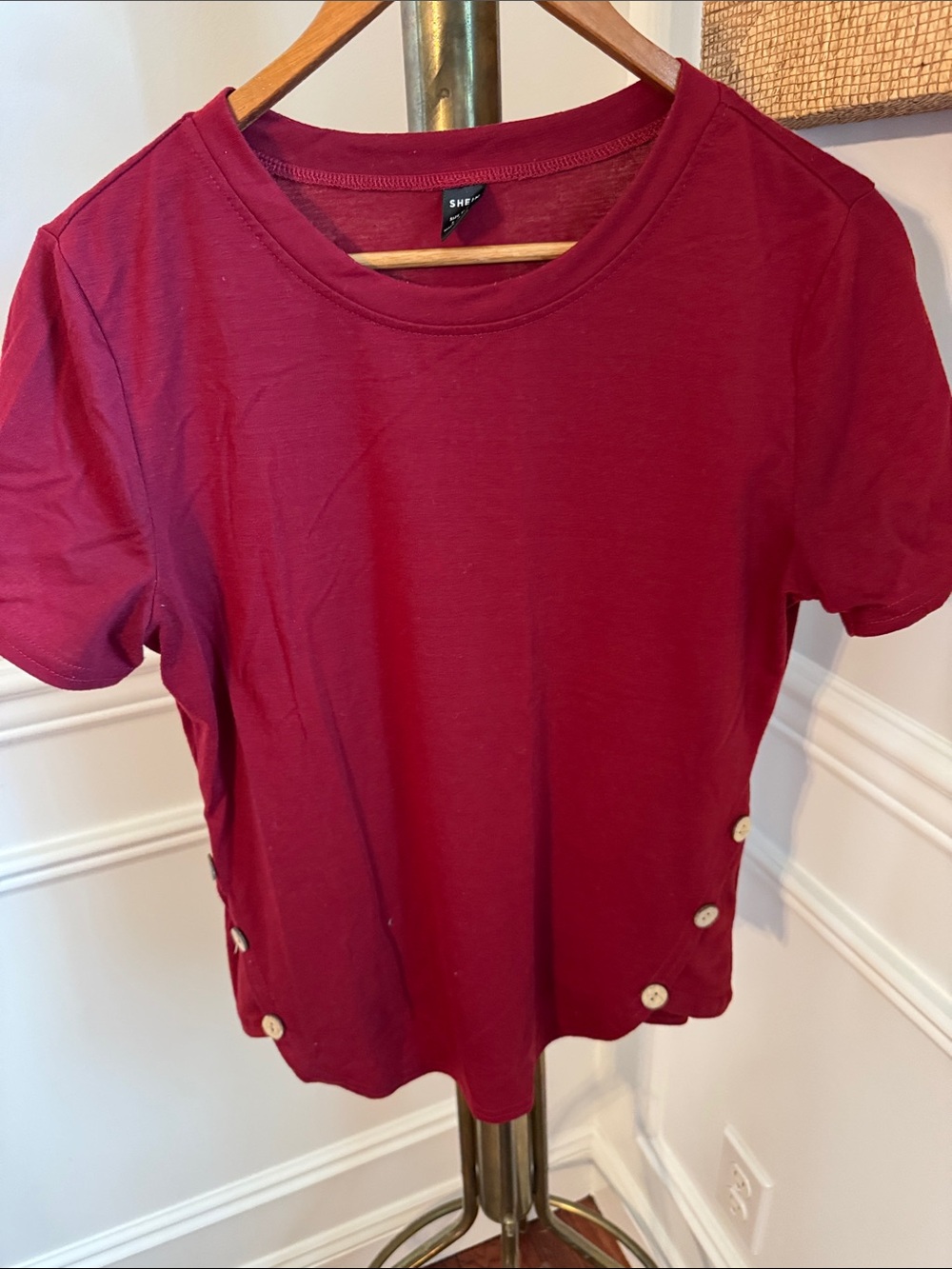SHEIN Short Sleeve Button-Accent Tee - Wine